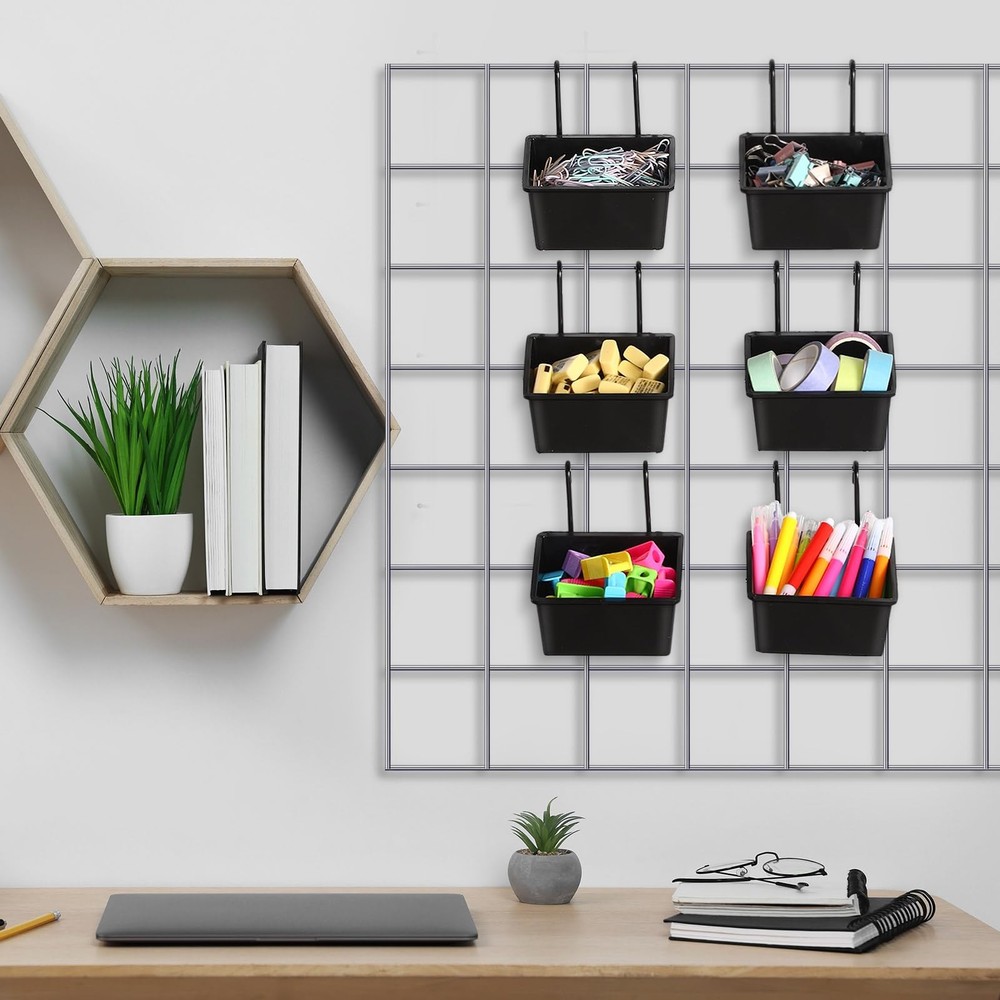 6 Pcs Grid Wall Storage Bin with Hooks, Square Shape Hanging Baskets, 3.5 x 2...