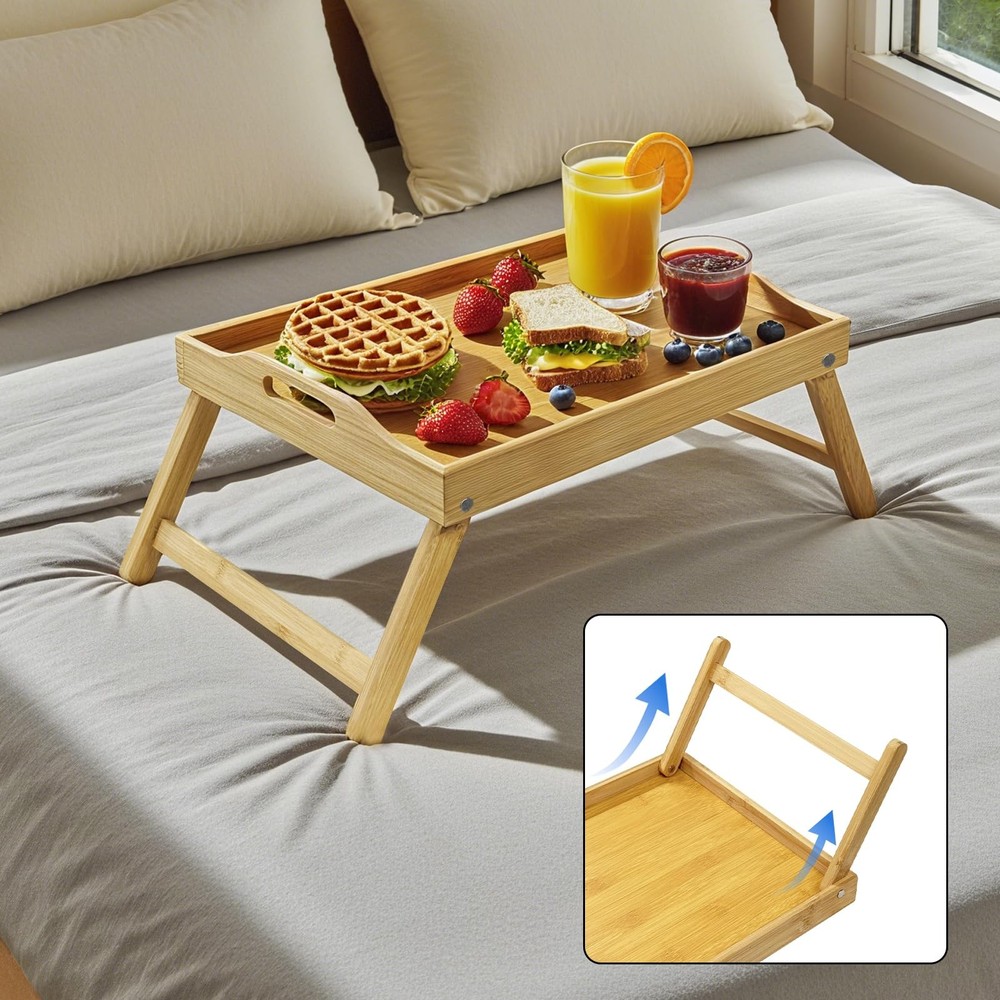 Bed Tray Table with Foldable Legs & Handles - Portable Breakfast Table, Servi...