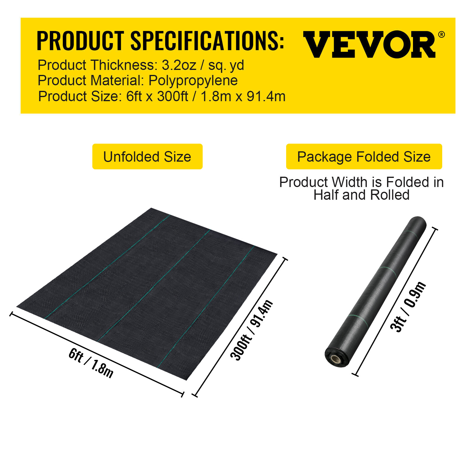 VEVOR 6' x 300' Woven Ground Cover Landscape Fabric 3.2-ounce Weed Barrier