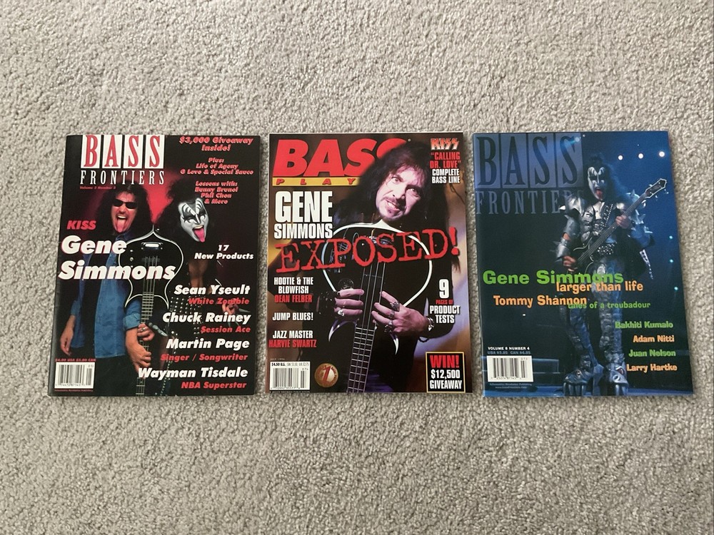 KISS GENE SIMMONS 1996 - 1999 BASS FRONTIERS & BASS PLAYER MAGAZINE LOT OF 3
