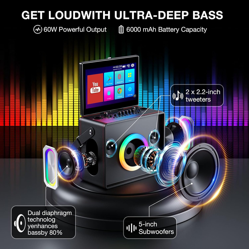 Smart Karaoke Machine with 14" Touch Screen, Bluetooth Speaker & 2 Mics