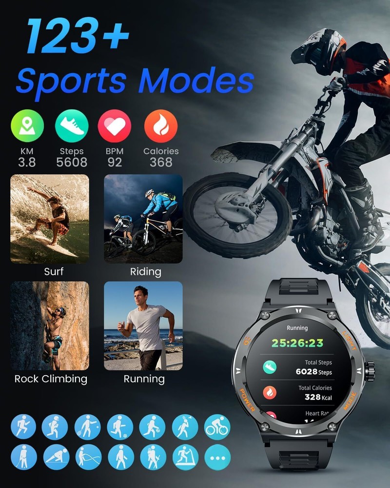 Smartwatch Men 1.53" Round Touchscreen Waterproof Compatible with Android & iOS