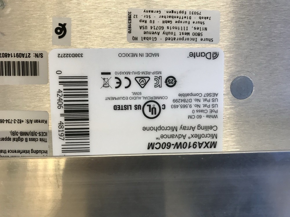 Shure MXA910W-60CM Microflex Wired Ceiling Array Microphone with clamp 24X24 CM