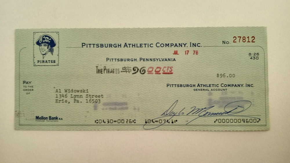 Al Widowski: 1978 Pittsburgh Pirates Expense Check