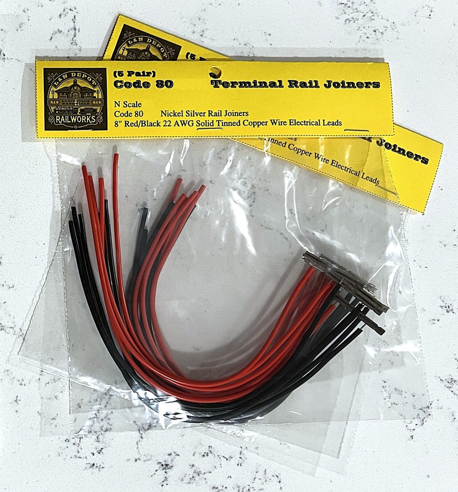 Code 80 Terminal Rail Joiners (10 Pair), N Scale, Nickel Silver w 8" Leads