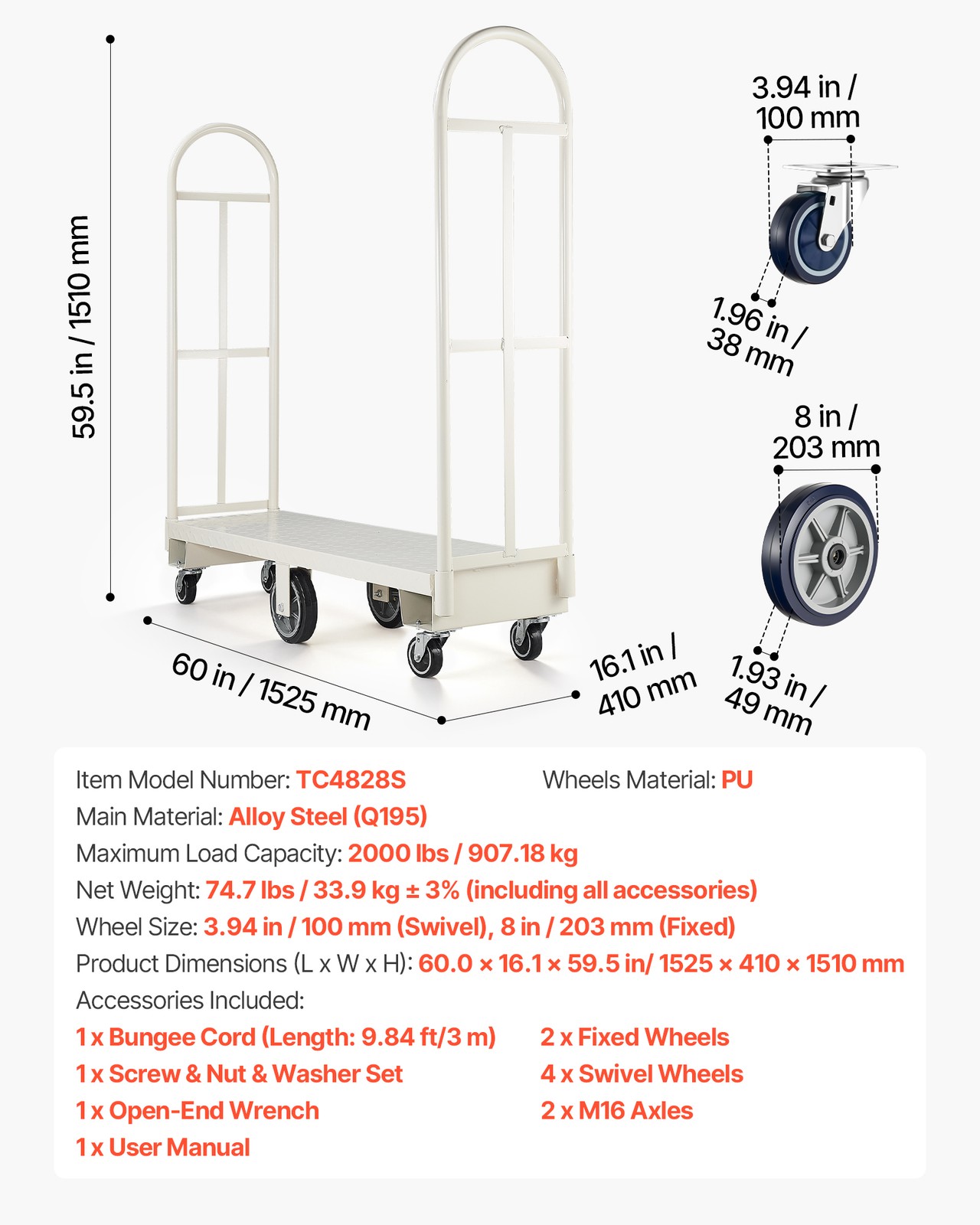VEVOR U-Boat Platform Truck Dolly 2000 lbs Heavy Duty Hand Truck with Six Wheels