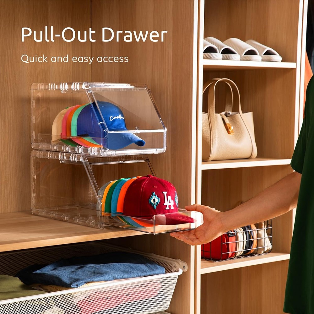 Ozueccr 2 Pack Hat Organizer for Baseball Caps – Stackable Clear Display Box wit