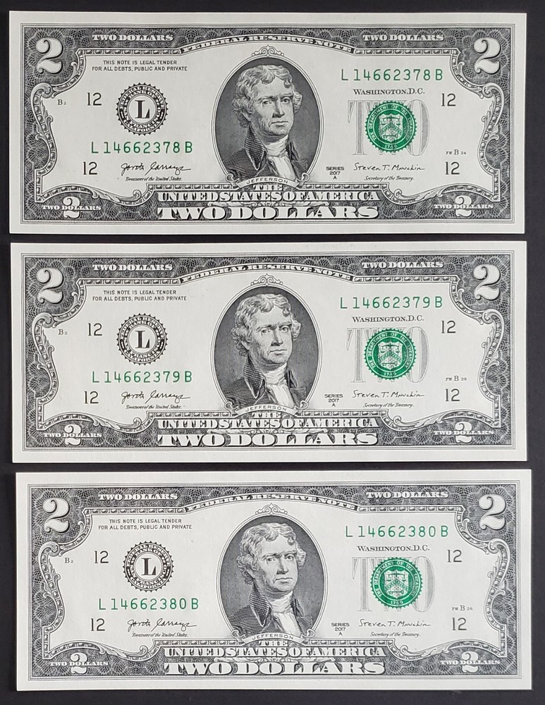 3x $2 Consecutive Notes L14662378B-380B 2017A Crisp UNC Sequential Run