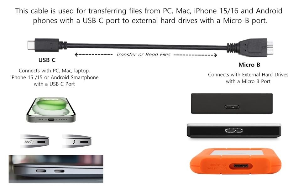 3ft USB C External Hard Drive Data Cable