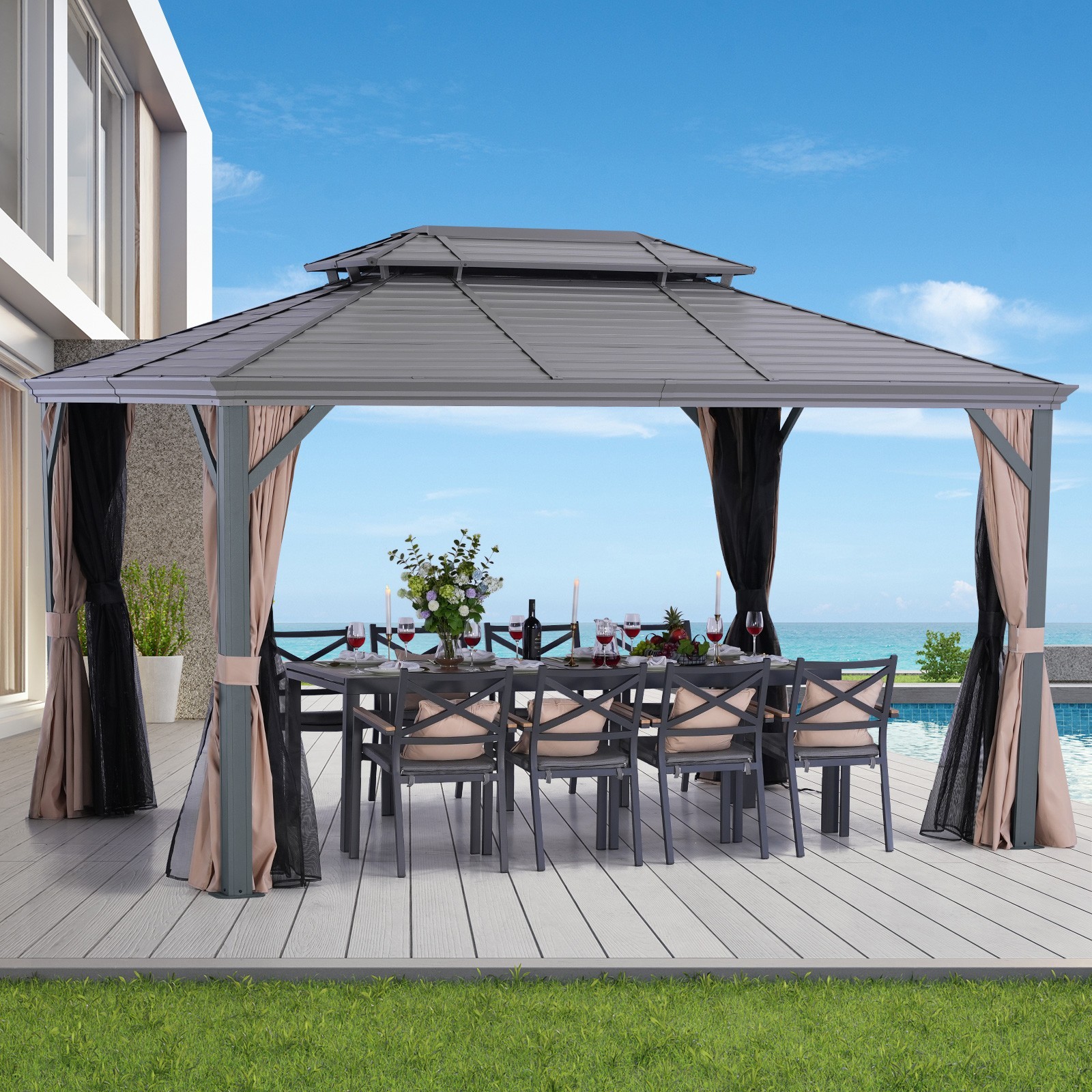 10'X13 'HardtopGazebo Double Roof,Curtain&Netting,Built-in gutter system