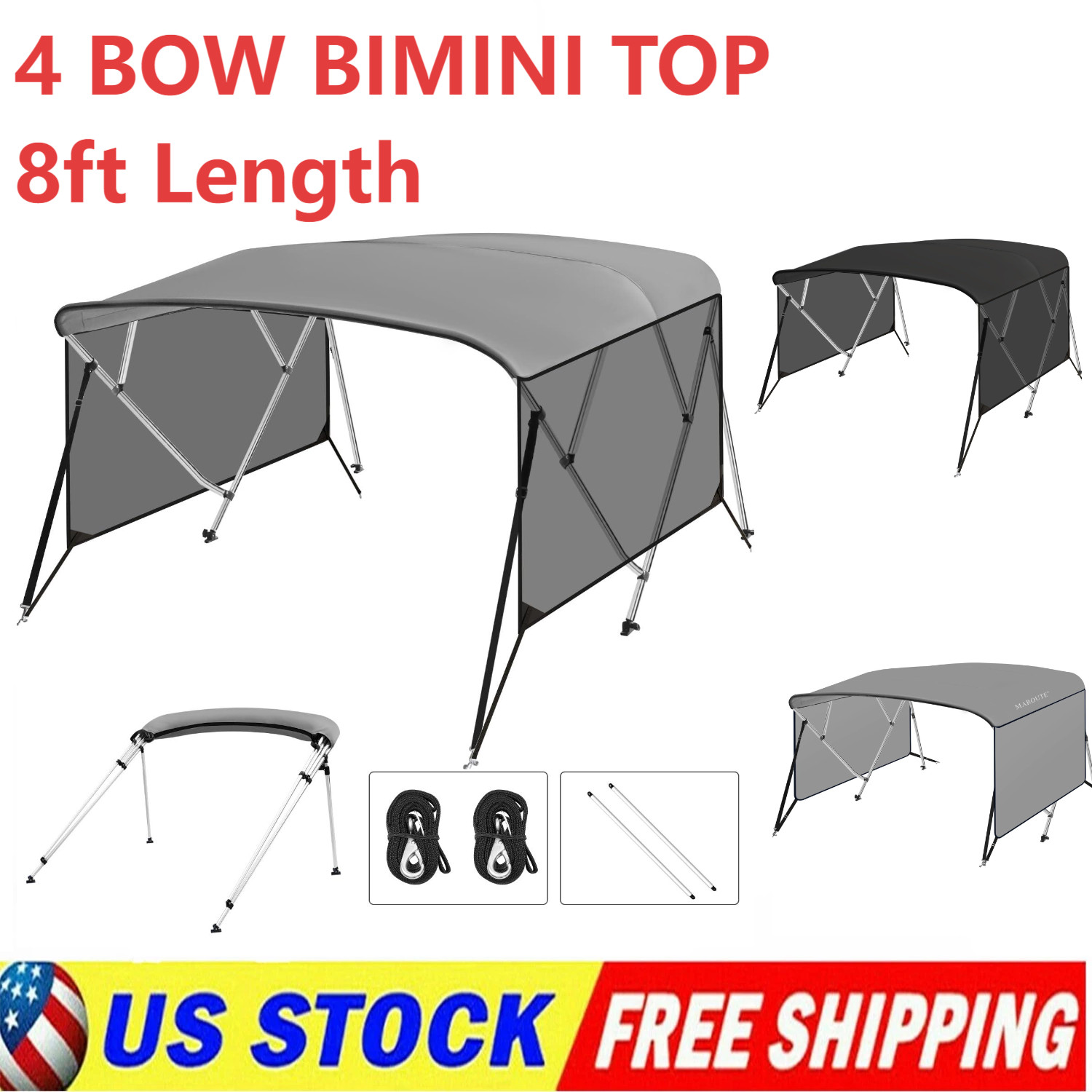 Boat Bimini Top 4 Bow Canopy Cover 8ft Long With Frame & Rear Poles & Sidewalls