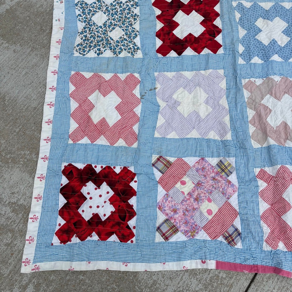 Vtg Quilt Patchwork Block Pattern 78”x60” Hand Made Cotton Feed-sack? Depression
