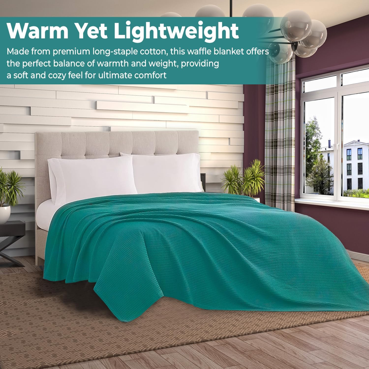 100% Cotton Waffle Weave Blanket Lightweight Soft Teal Throw 50 x 60