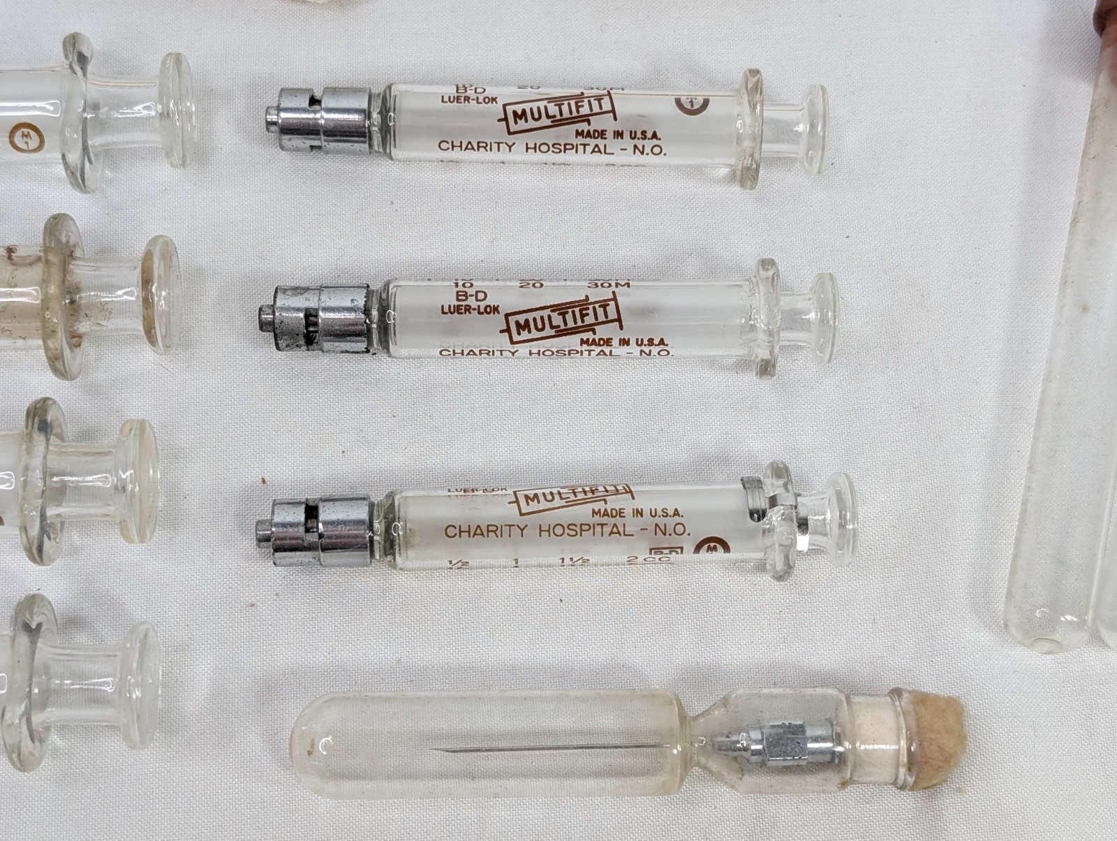 Lot of 7 B-D Luer Lock Multi Fit Glass Hypodermic Syringes NEW ORLEANS HOSPITAL