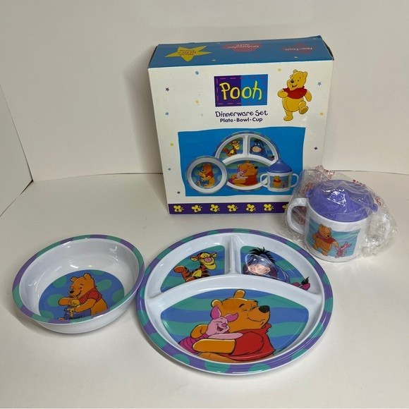Vintage NEW Winnie the Pooh 3pc Zak Designs Plate Bowl Cup Dinnerware Set