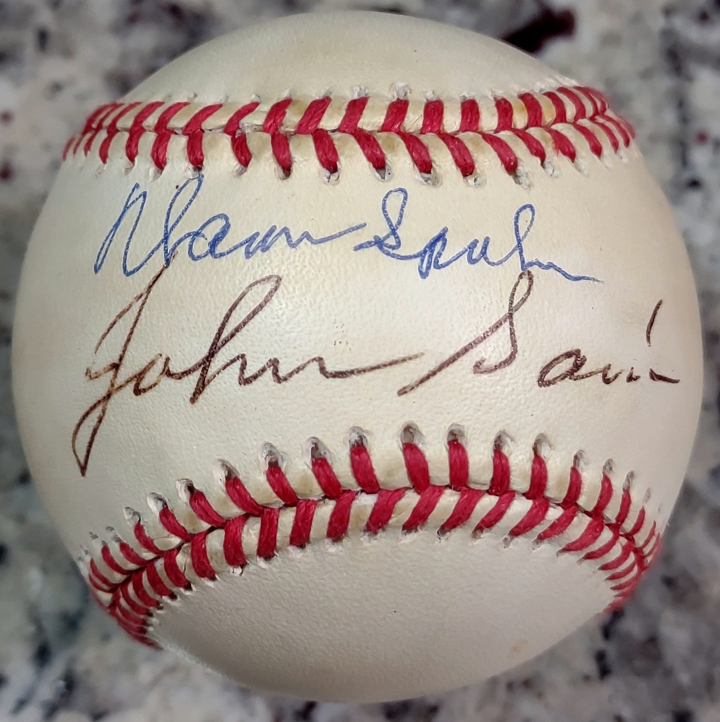 Warren Spahn Johnny Sain Signed Rawlings National League Baseball RONLB JSA COA