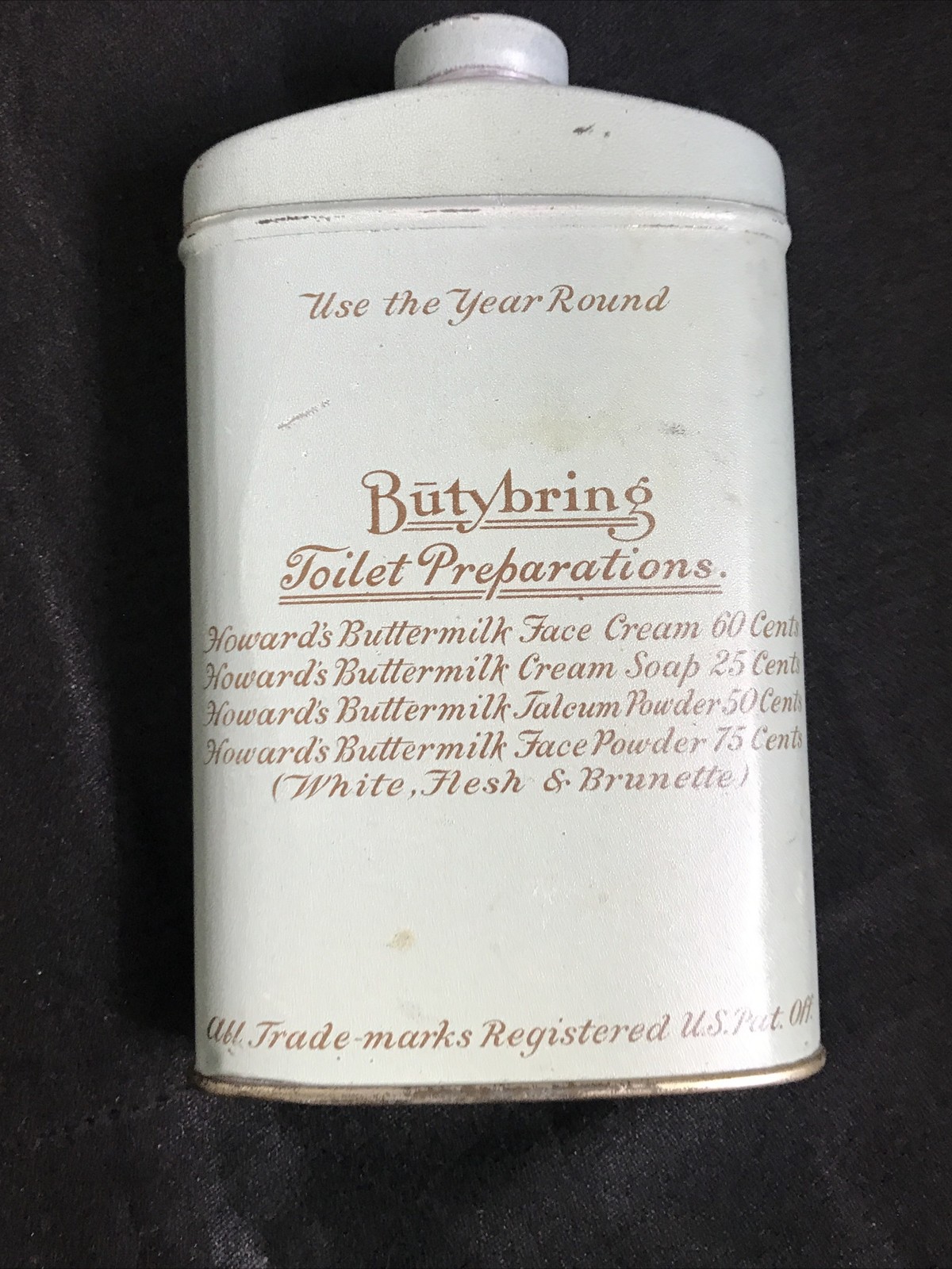 HOWARD Buttermilk Talcum Powder Tin Antique Butybring Howard's Litho Advertising