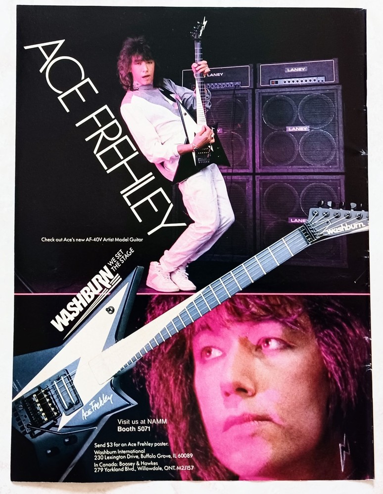 KISS~ACE FREHLEY~WASHBURN AF-40V ARTIST GUITAR~1986 PROMO PRINT AD POSTER PINUP