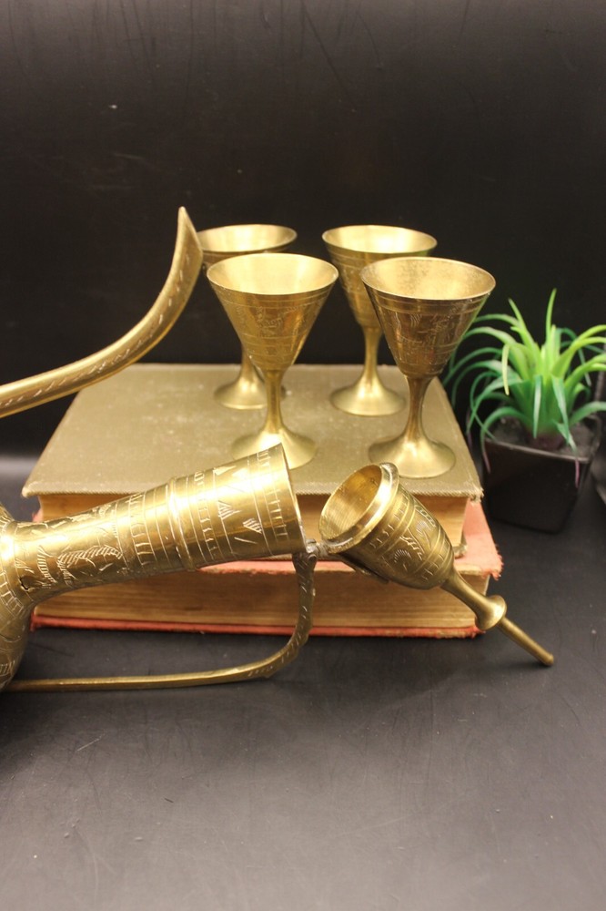 Brass Tea Pot Hinged Lid + 4 Goblets Indian Middle Eastern Service Set