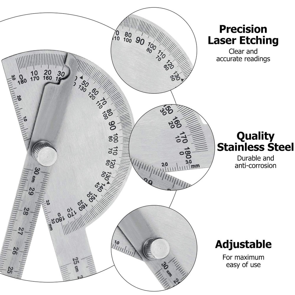 Multi-Functional Angle Protractor - 30cm/11.8'' Stainless Steel Measuring Ruler