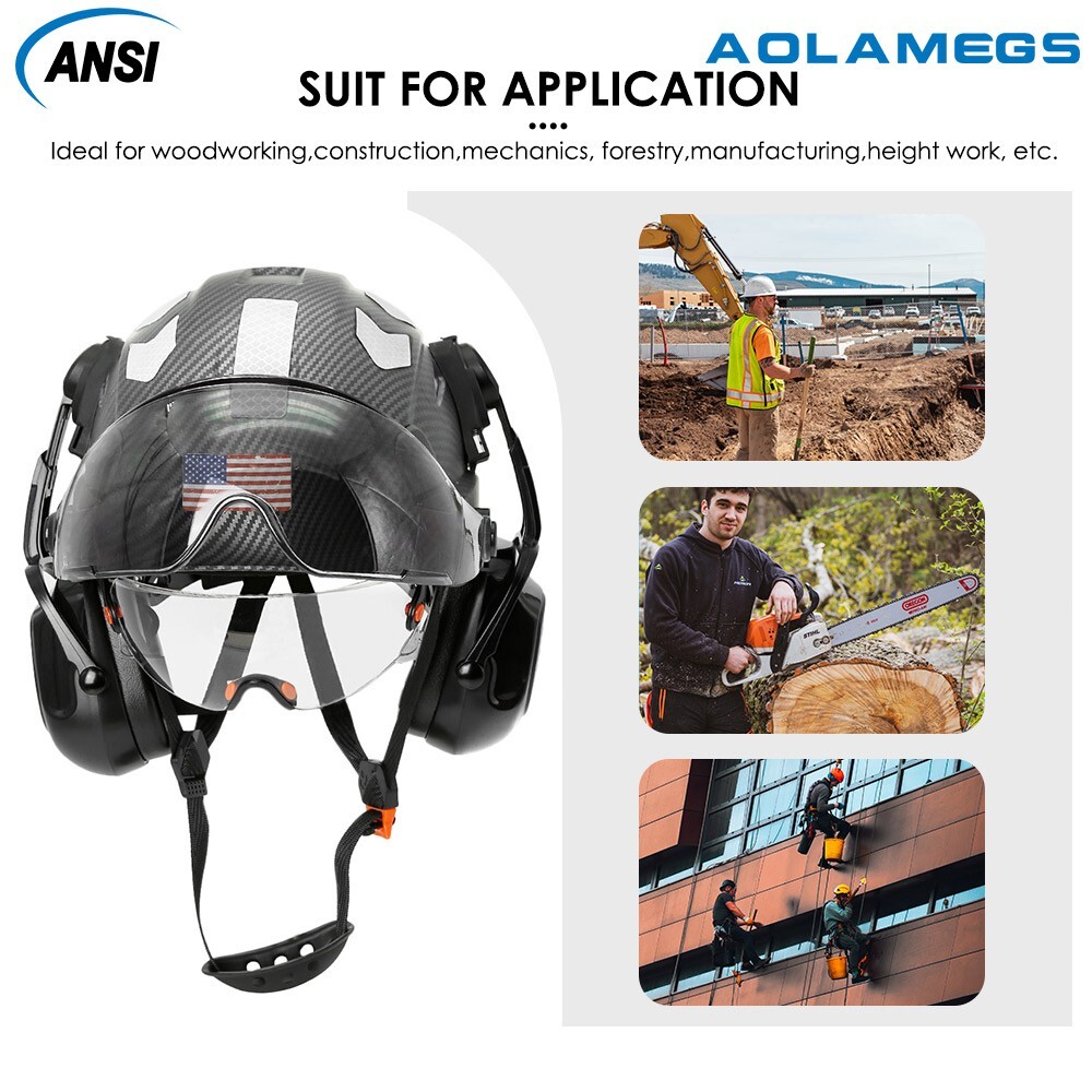 Carbon Fiber Safety Helmet With Build in Visor Earmuffs and Reflective Stickers