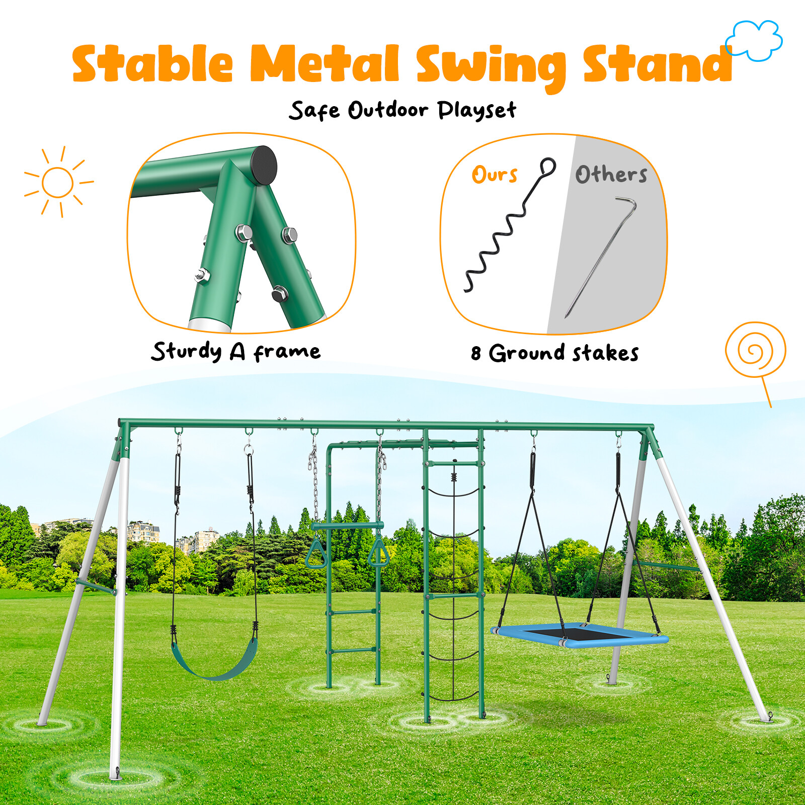 Heavy Duty Kids Metal Swing Set with 2 Swings Ladder and Monkey Bar for Backyard