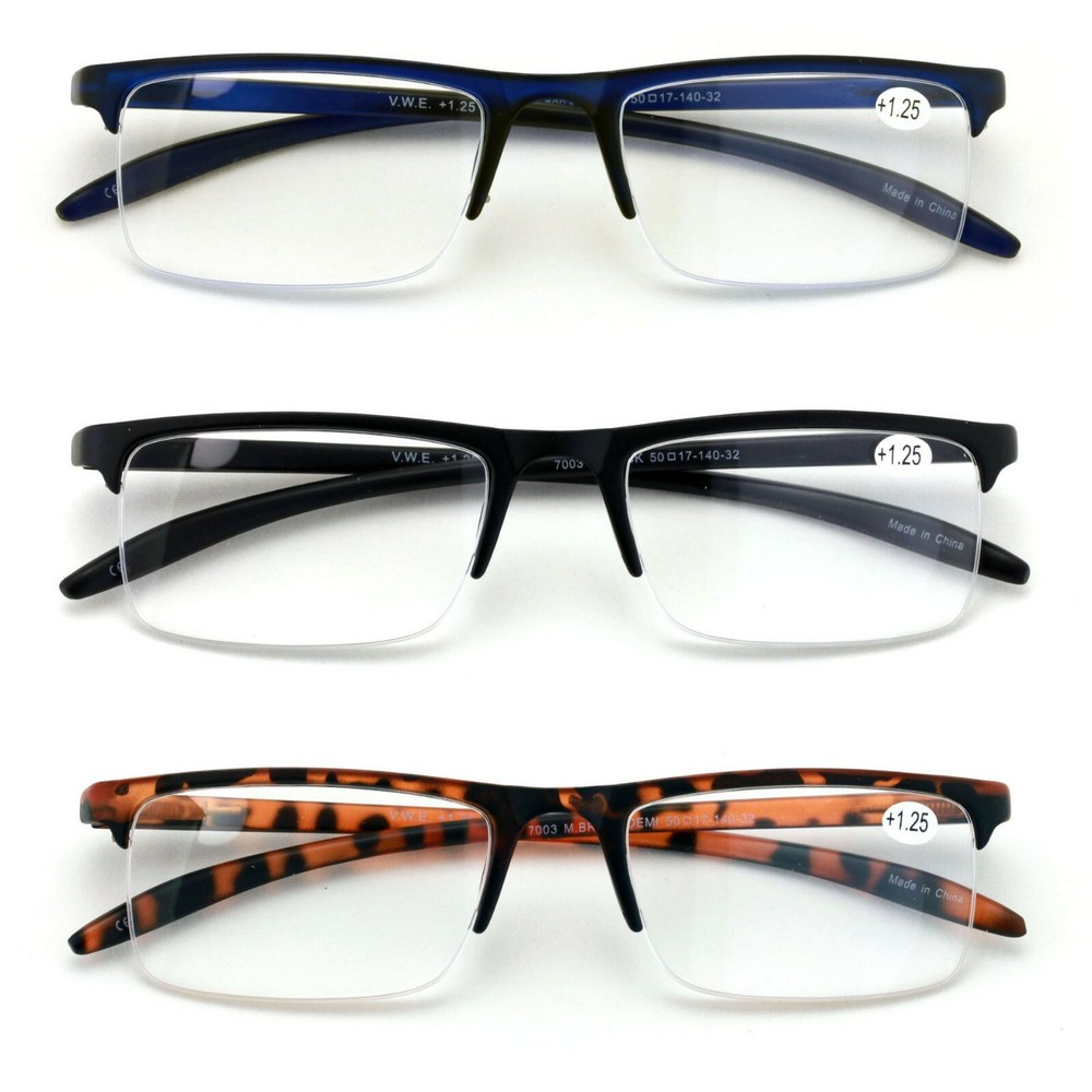 3 Pair Half Rim Rectangular Readers Spring Hinge Extended Temple Reading Glasses