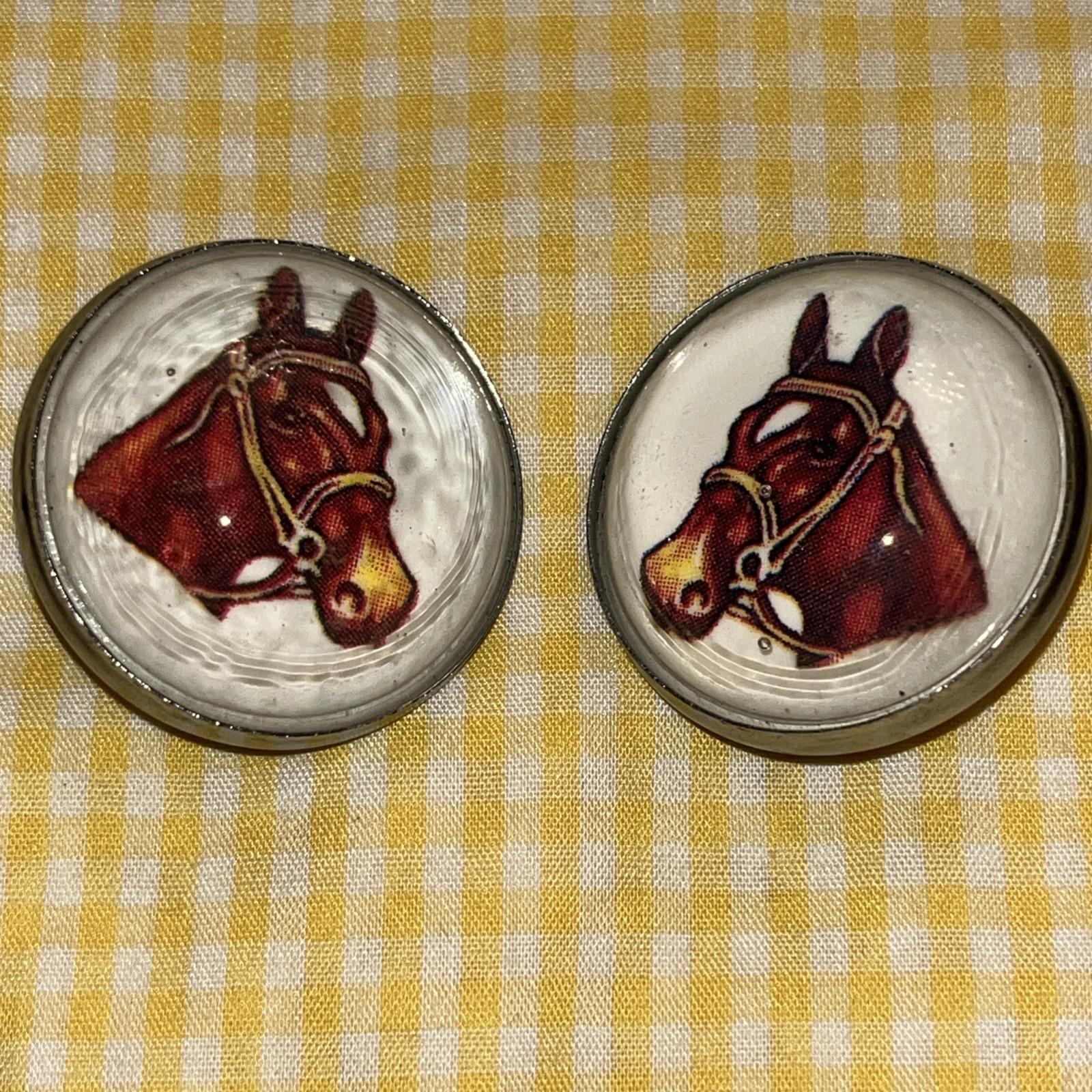 Vintage Pair Bridle Rosettes Horse Head Domed Glass