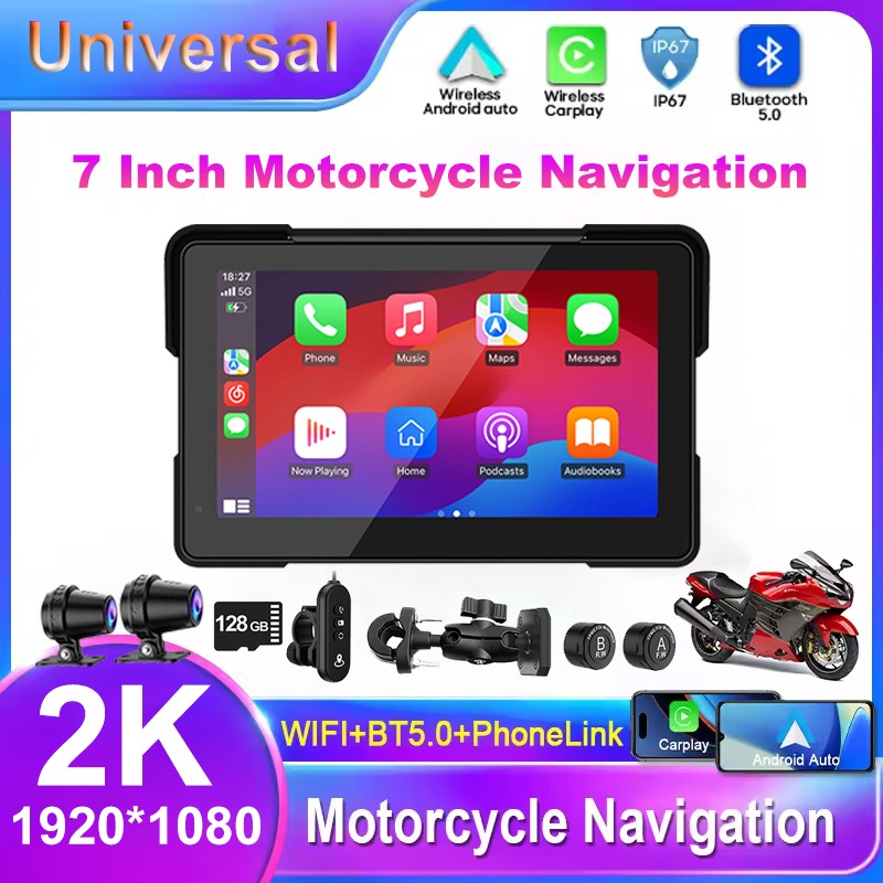 7" Wireless Motorcycle CarPlay Android Auto GPS Navigation HD Waterproof Screen