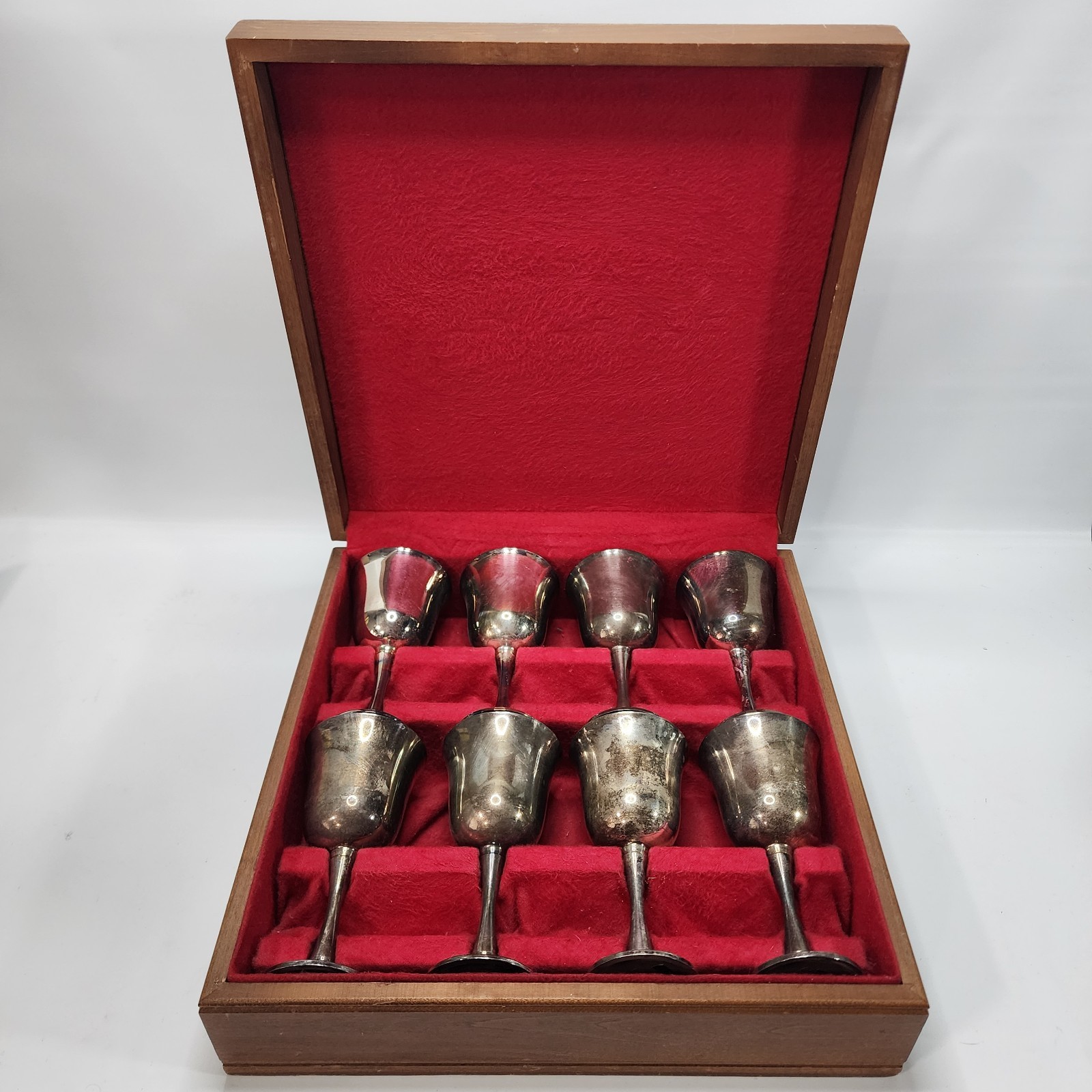 Set of 8 Vtg SALEM Portugal Silverplate water/wine Chalices/Goblets, 6.75" Case