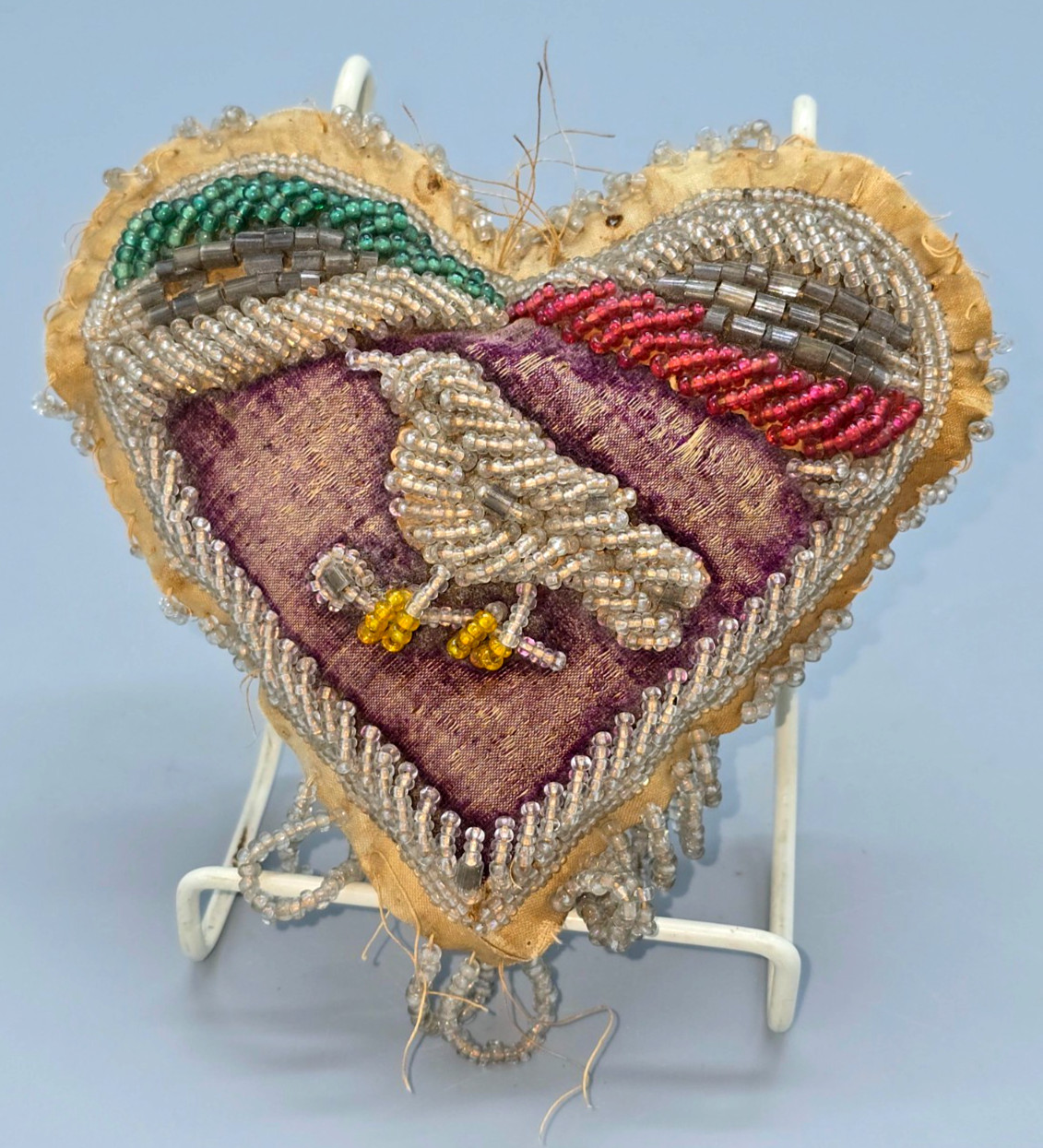 Antique Iroquois Nation 5.25 x 5.25" BEADED BIRD W/TWIG PIN CUSHION/WALL ART