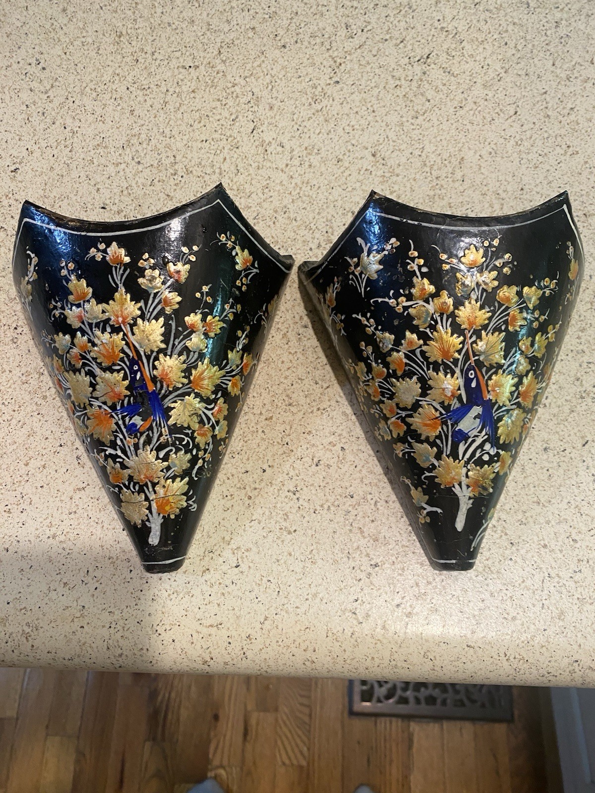 Set Of VINTAGE ASIAN CHINOESERIE BLACK LACQUER WALL POCKETS Orange Florals Birds