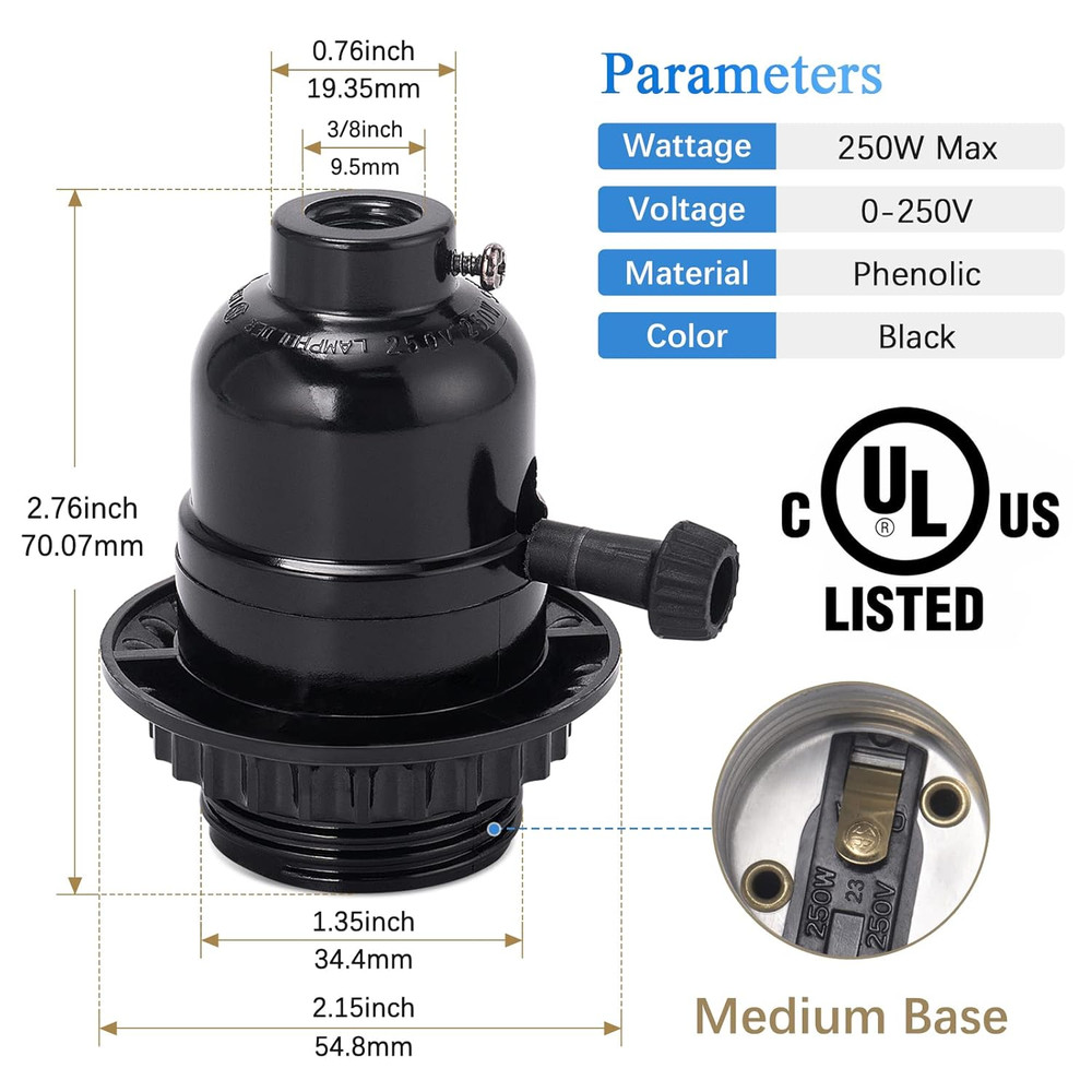 UL Listed E26 Lamp Socket Replacement, Turn Switch Knob On/Off, Threaded Medium