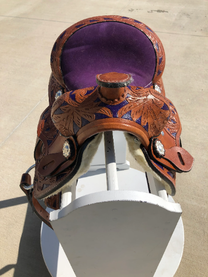 Youth Western Barrel Saddle | Floral Tooled | 8 " -Pink/Purple/Turquoise/Brown