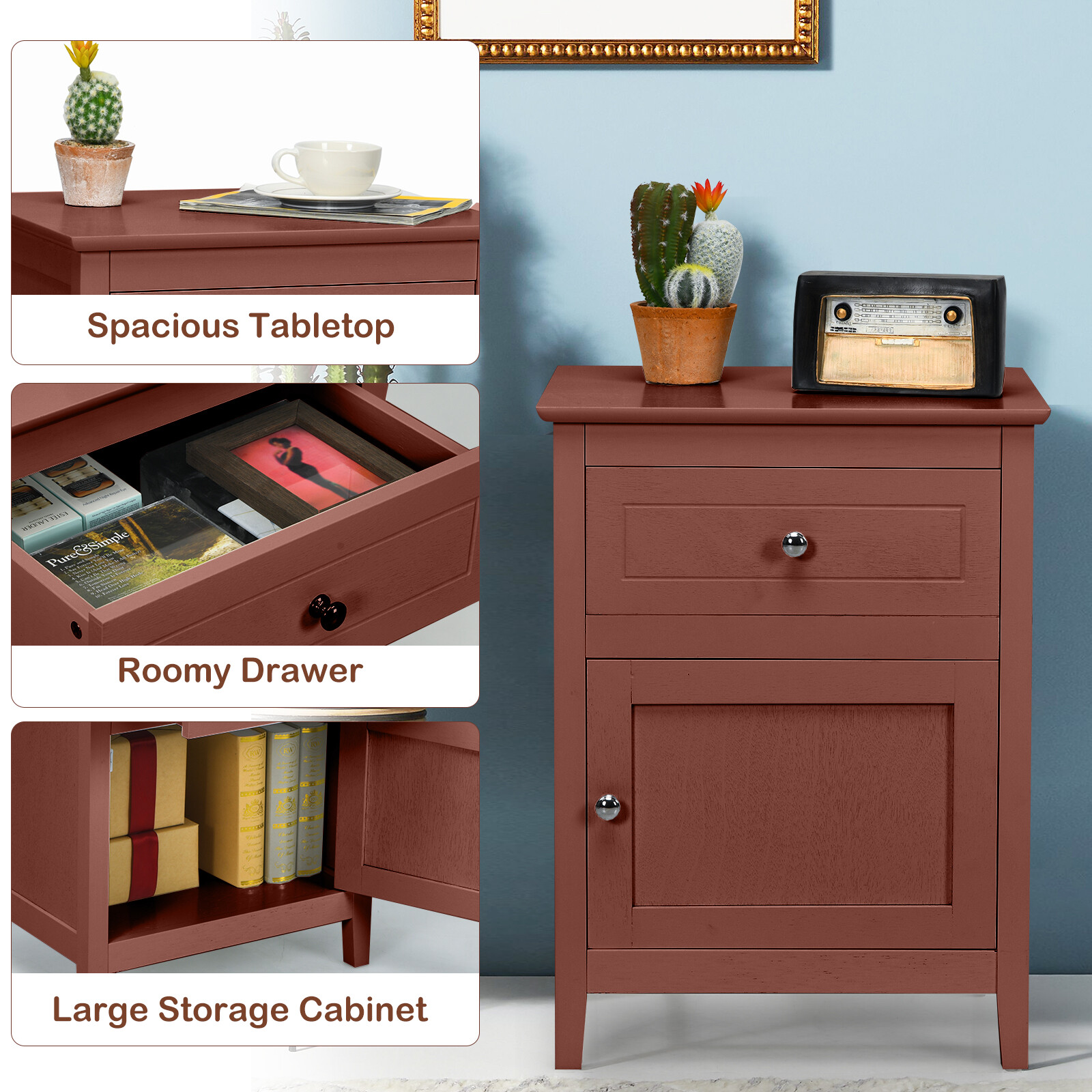 Costway Nightstand with Drawer Accent Side End Table Storage Cabinet Cherry