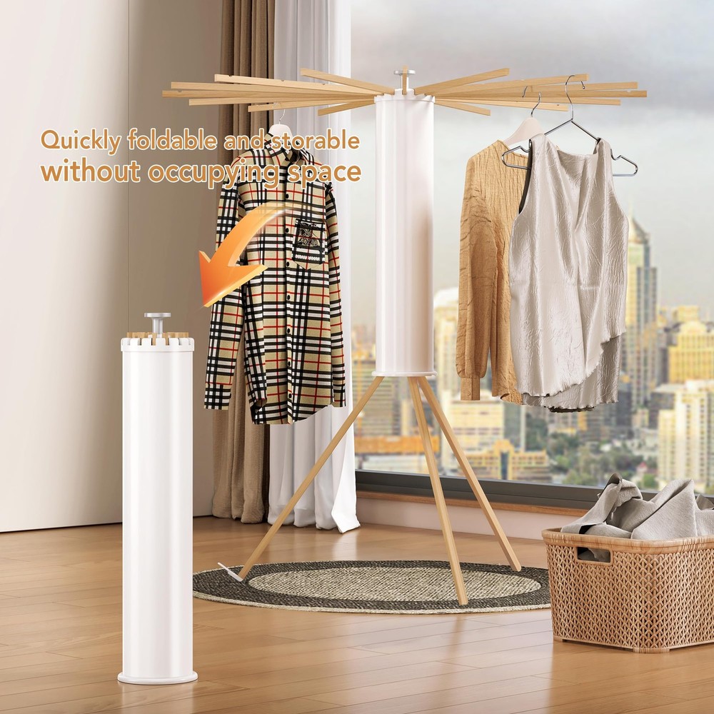 Foldable Tripod Clothes Drying Rack,Beechwood & Portable Laundry Stand, Space...
