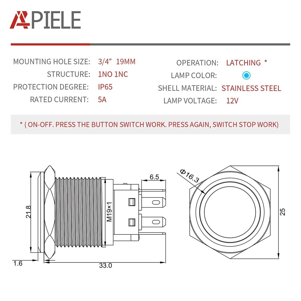 LED-Powered 19mm Latching Push Button Switch - SPDT, Waterproof, 6 Pack