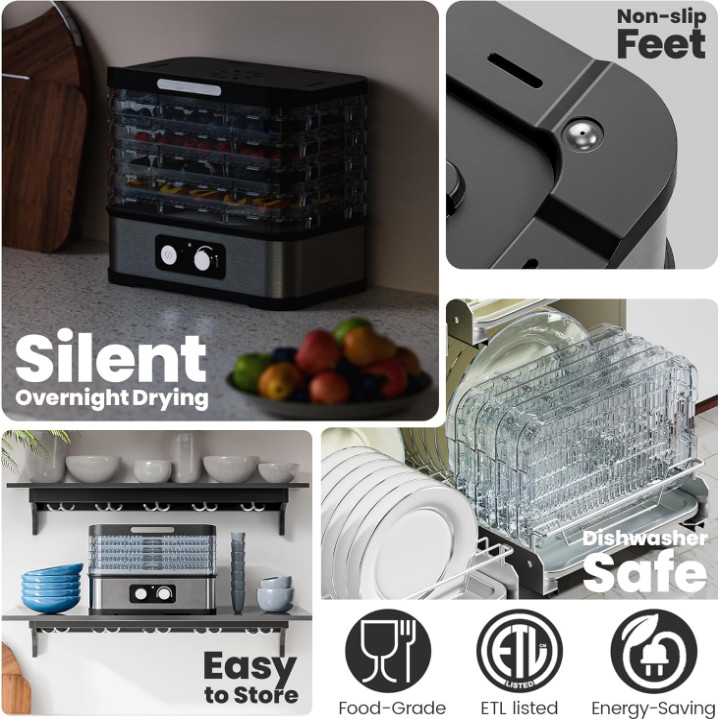 Deshidratador 250W 5 Bandejas Apilables Temp Control 72H Fruta Carne, Nuevo