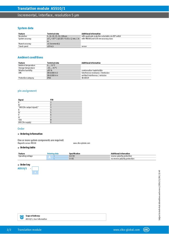 Siko AS510/1-0001 Linear Encoder Translation Module 5um Max. Resolution 24VDC