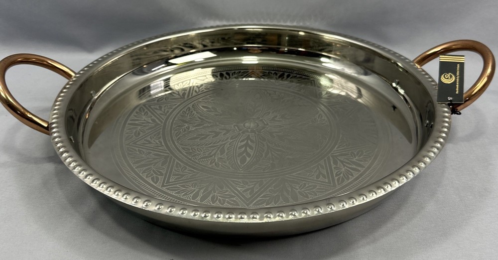 Vintage Large 16.5” Silverplate Silver Round Serving Tray w/Copper Handles India