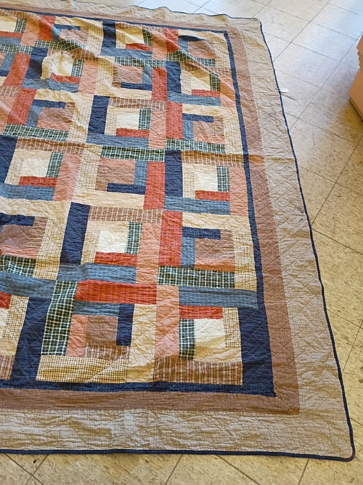 Handmade Queen Size Patchwork Quilt Log Cabin Pattern Multicolor Cotton Bedding