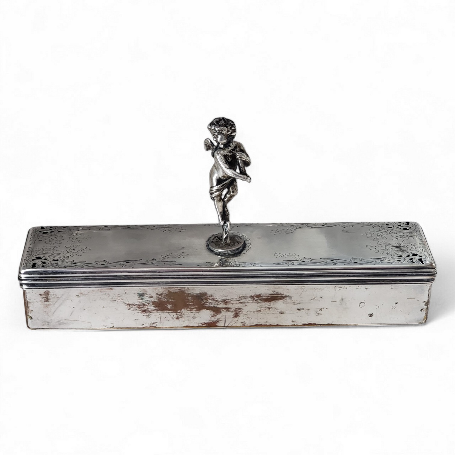 Antique 1840 Thomas Dicks Sterling Lid Cherub Handle Silver Plate Box London