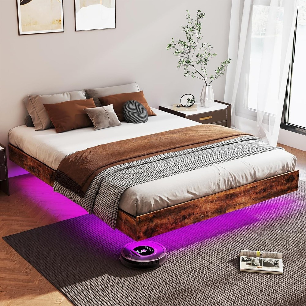 Floating Full/Queen/King Bed Frame  with LED Lights,  No Box Spring Needed