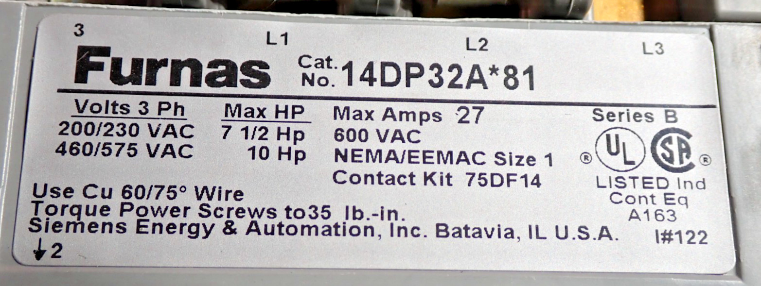 Furnas 14DP32A*81 Size 1 Starter 27 Amp 600VAC w/ 75D73070F 120 Coil TESTED S935