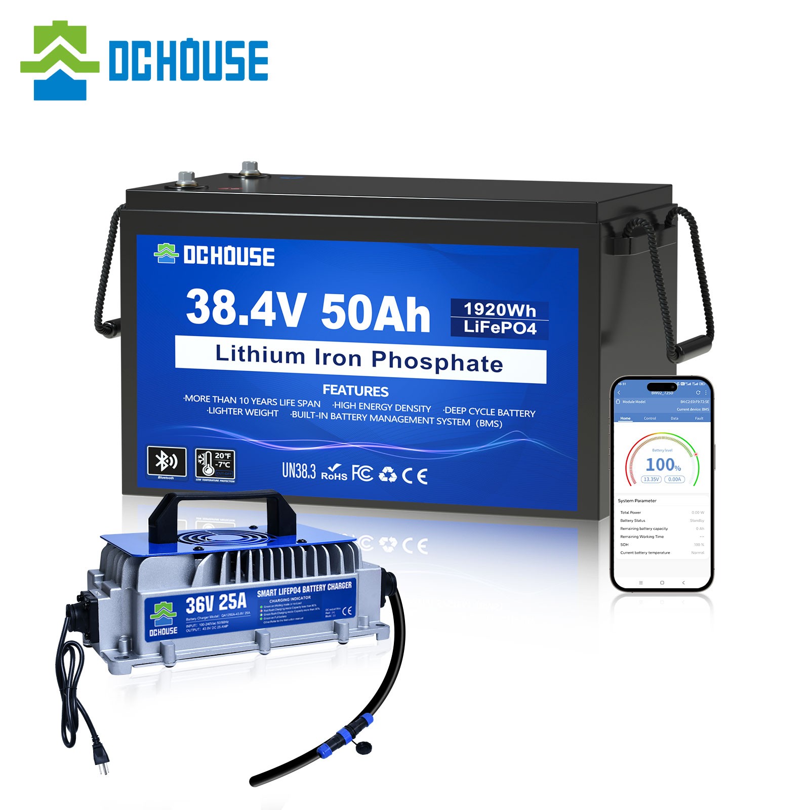 36V 50AH Lithium Golf Carts Lifepo4 Battery with 36V 25A Charger Bluetooth RVs