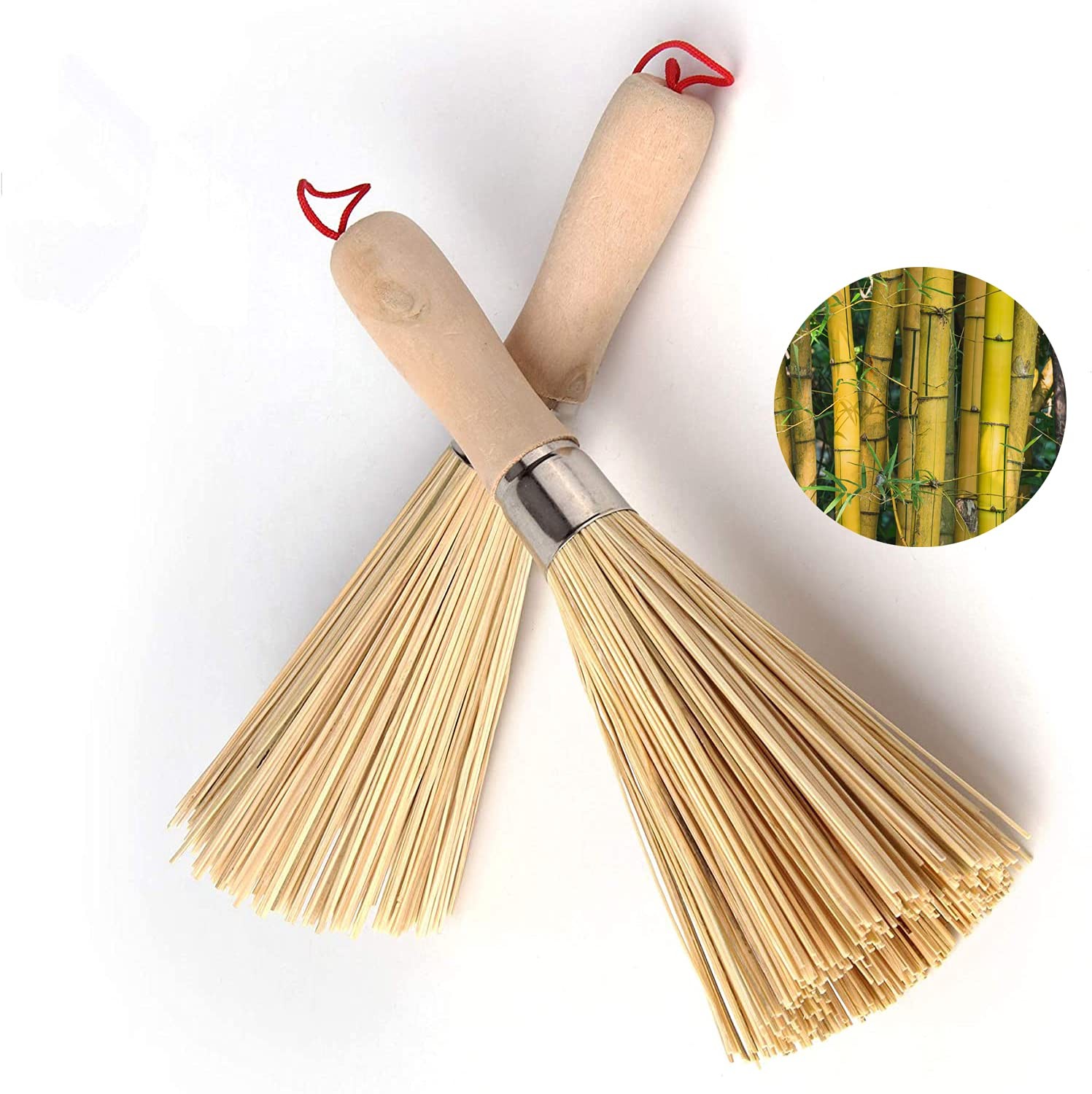 2Pack Traditional Natural Bamboo Wok Brushes, Kitchen Cleaning Brush, Brown