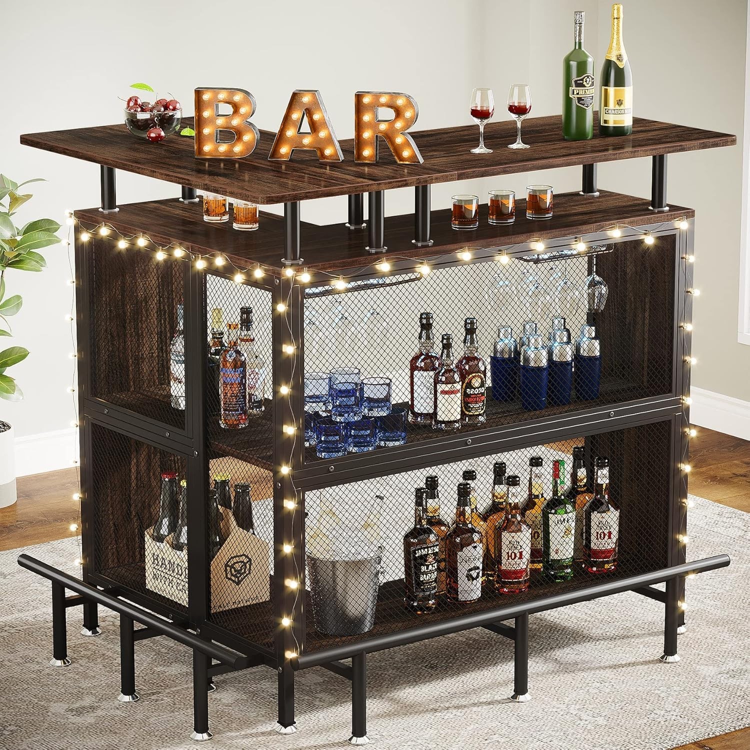 Home Bar Unit, 2-Tier L-Shaped Bar Table With Stemware Racks For Kitchen/Pub