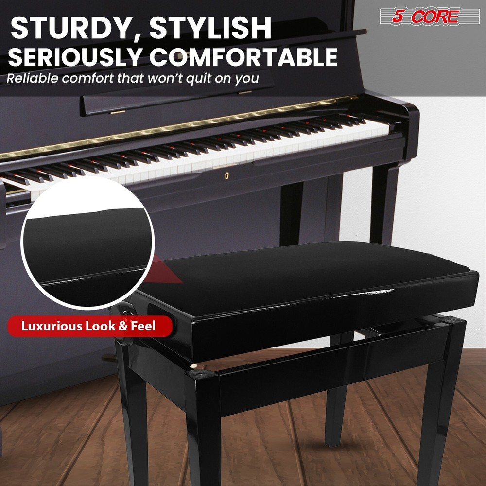5 Core Adjustable Piano Bench Thick Padded Solid Wood Keyboard Stool Heavy Duty