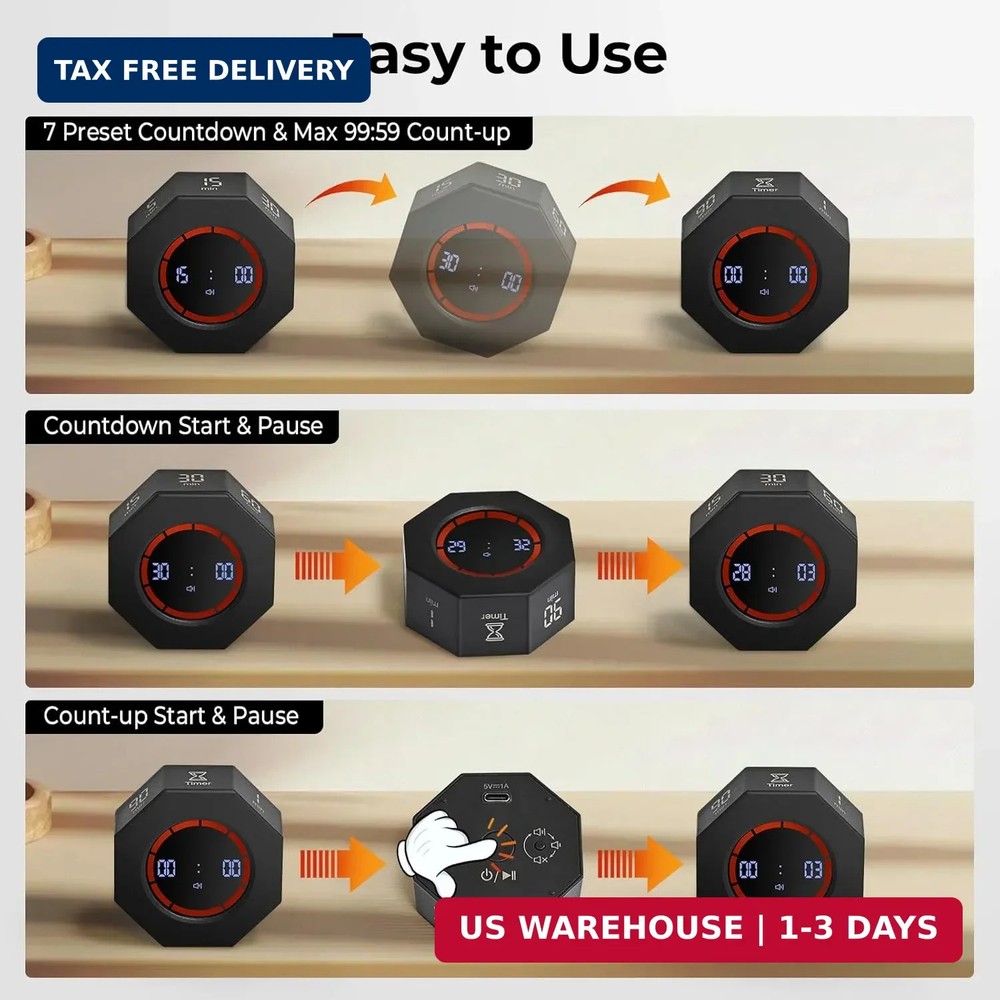 Small Rechargeable Pomodoro Timer, Gravity Sensor Auto-Rotating 7 Preset Times (