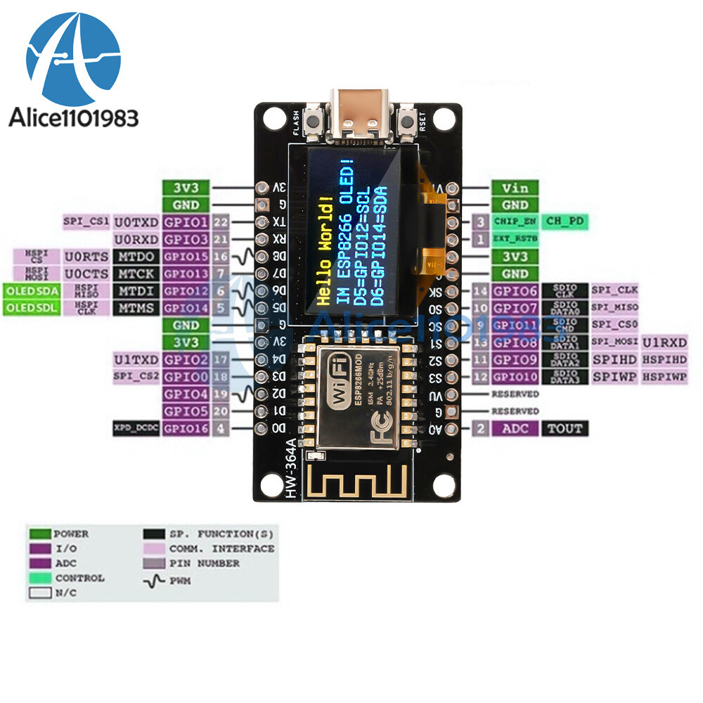 NodeMCU ESP8266 Development Board w/0.96" OLED Display CH340 Driver Module USB C